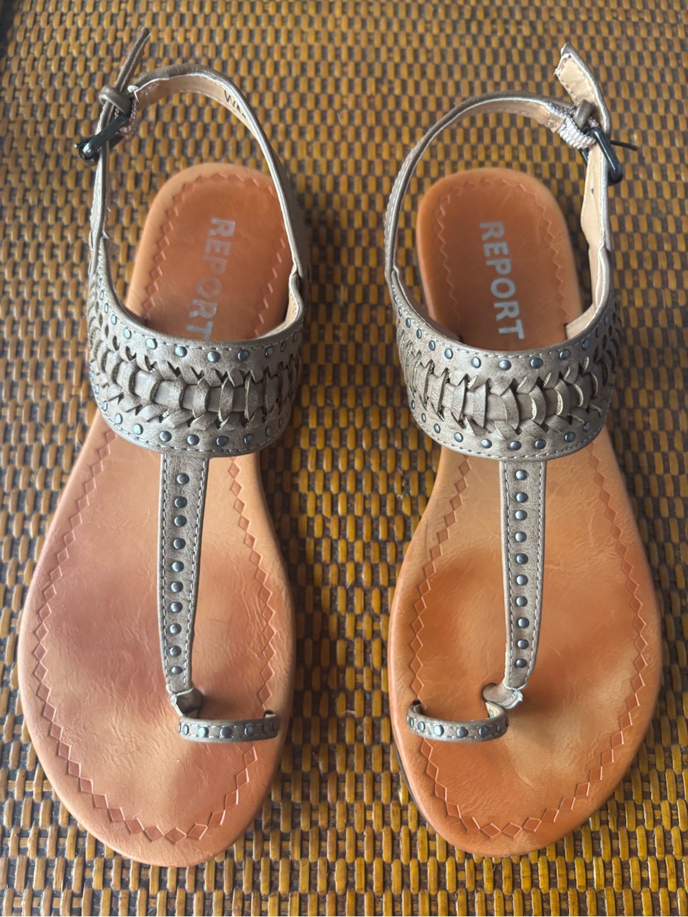 Report Women's Metallic Silver Braided T-Strap Sandals